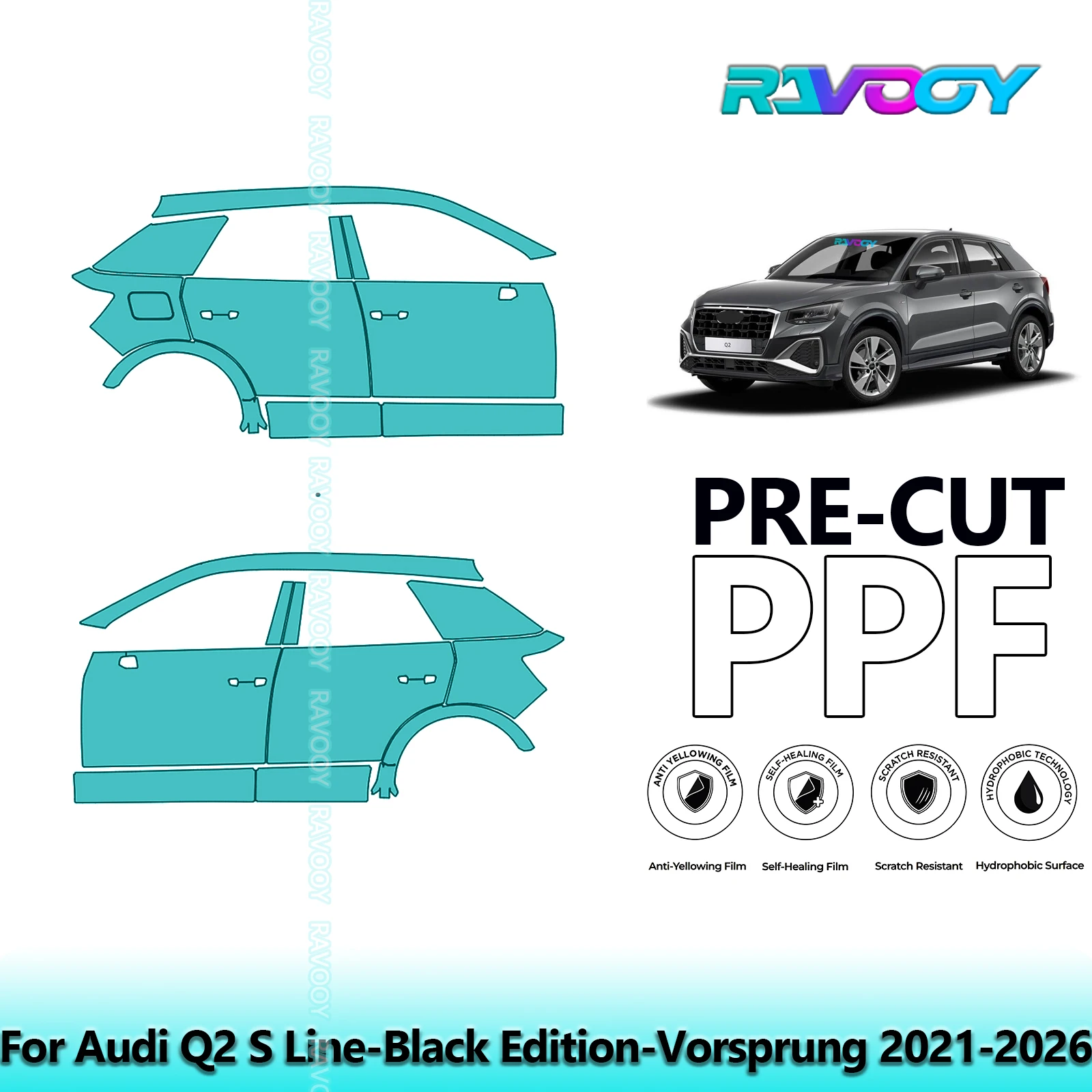 

Для Audi Q2 S Line-Black Edition-Véesung 2021-2026 8.5mil Pre-Cut PPF Door & A/B Pillar Kit Набор защитных пленок для краски из ТПУ