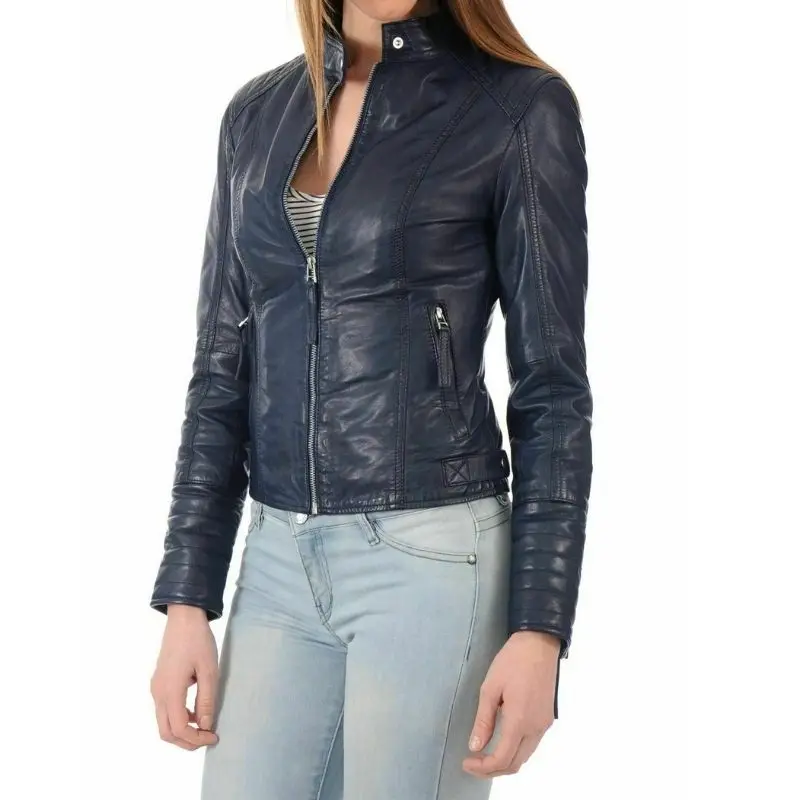 Black Lambskin Leather Stylish Coat Womens Biker Genuine Jacket Motorcycle Slim