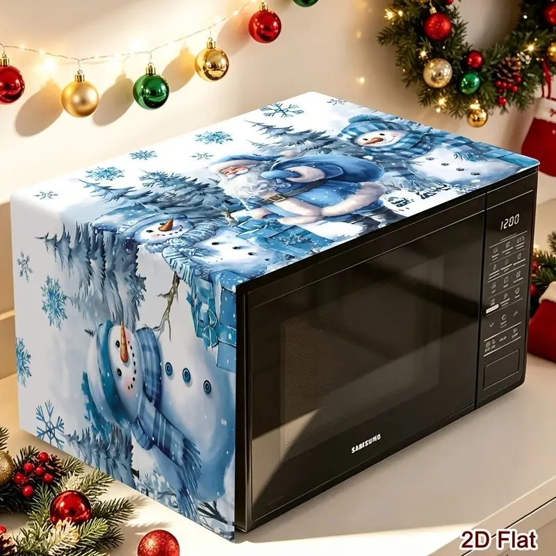VIKAMA Microwave Oven Dust Cover Blue Santa Snowman Snowflake Print Kitchen Appliance Protector Christmas Home Decor