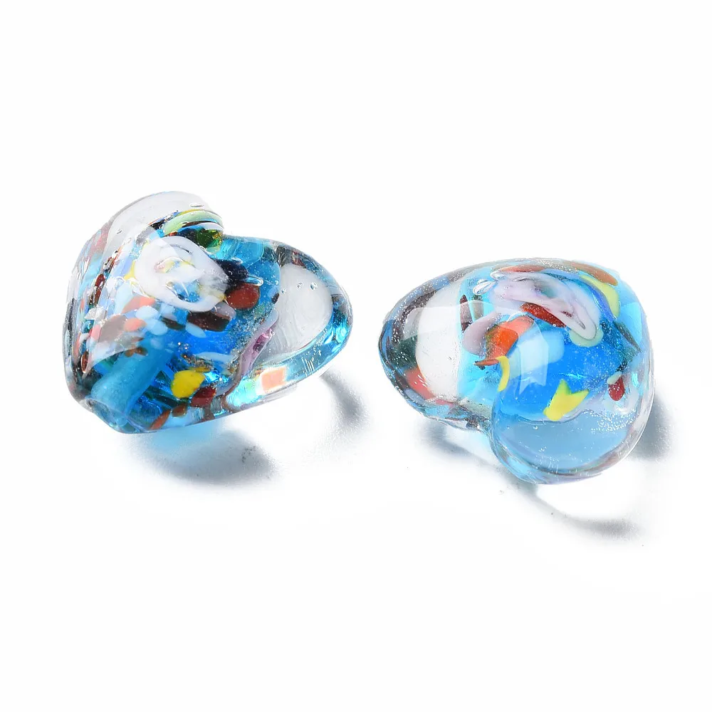 25pcs Heart with Inner Flower Handmade Lampwork Glass Beads for DIY Jewelry Making Necklace Bracelet Accessories
