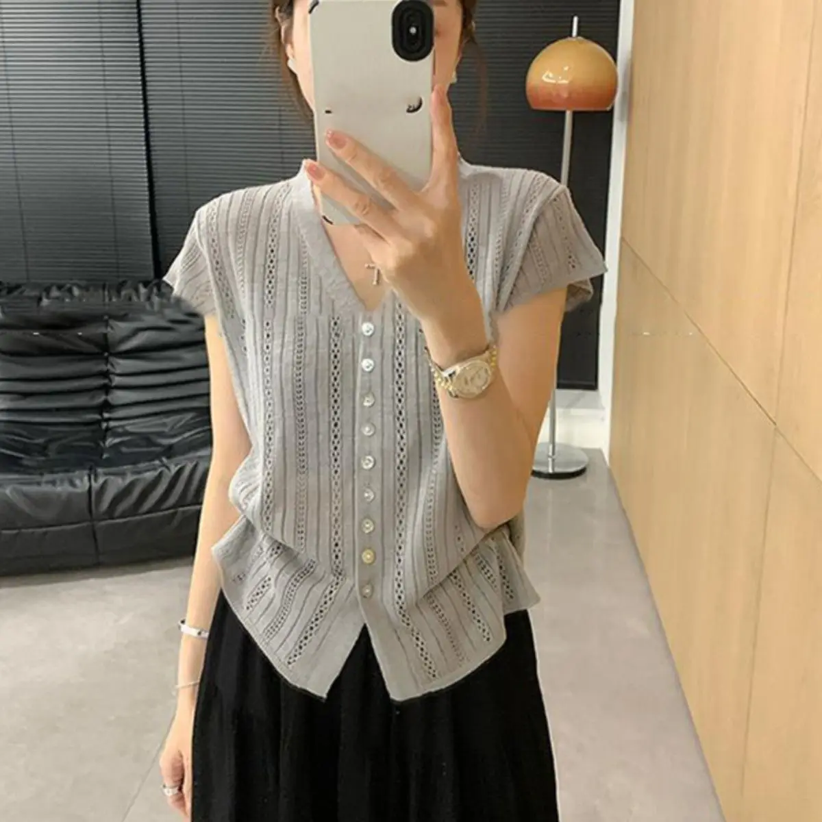 

Summer Women's Striped Hollow Short Sleeved Knitted Top