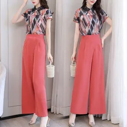 Women's Pullover Patchwork Lace Printed Short Sleeve Chiffon Tops Summer New Solid Wide Leg Pants Slim Fashion Two-piece Sets