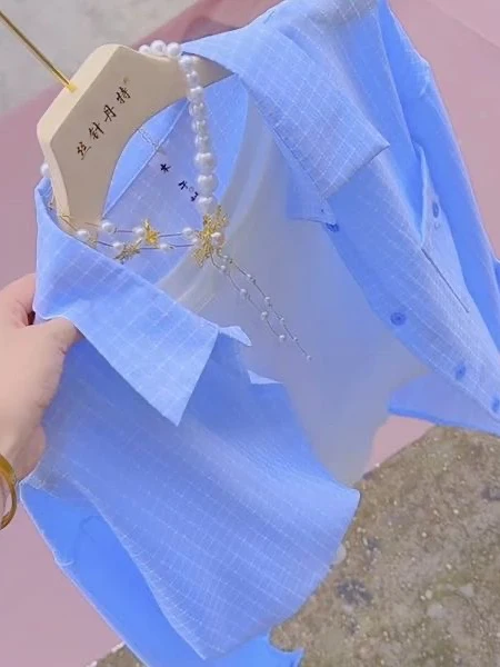 ياقة منقوشة زرقاء irt Jaet للسيدات للصيف والخريف كاجوال متعددة الاستخدامات ورقيقة قابلة للتنفس للحماية من الشمس من البوليستر طويلة...