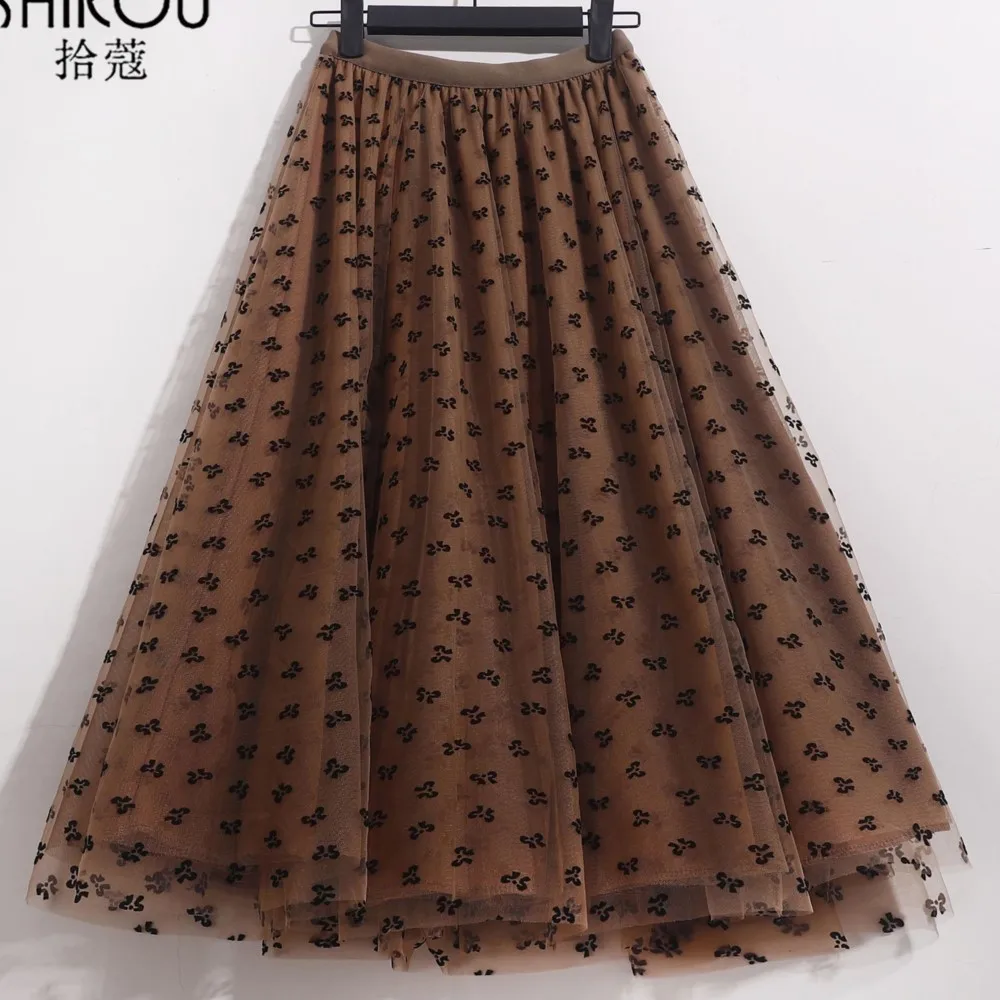 floral mesh A-line long fluffy skirt women brown skirt faldas mujer jupe longue
