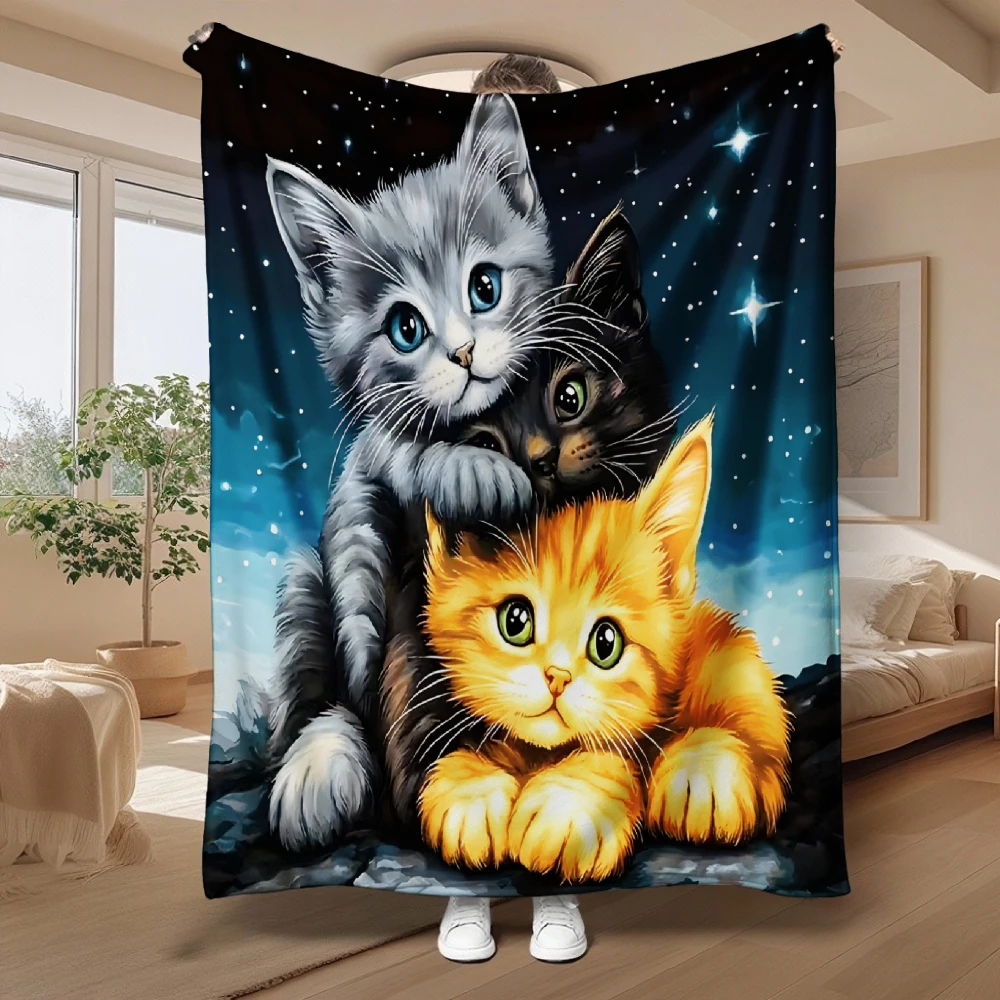 Starry Night Kittens, Gift for Cat Lovers, Soft Blanket, Adorable Feline Art, Cozy Home Decor, Multi-Purpose Comfort