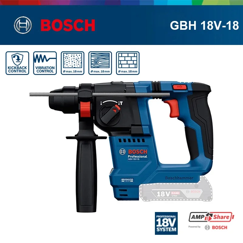 Martillo Rotatorio Inalámbrico Bosch GBH 18V-18 / GBH 18V-18 X de 18V, con Sistema SDS-plus ONECHUCK, Batería de Iones de Litio, para Perforar Hormigón, Acero y Madera