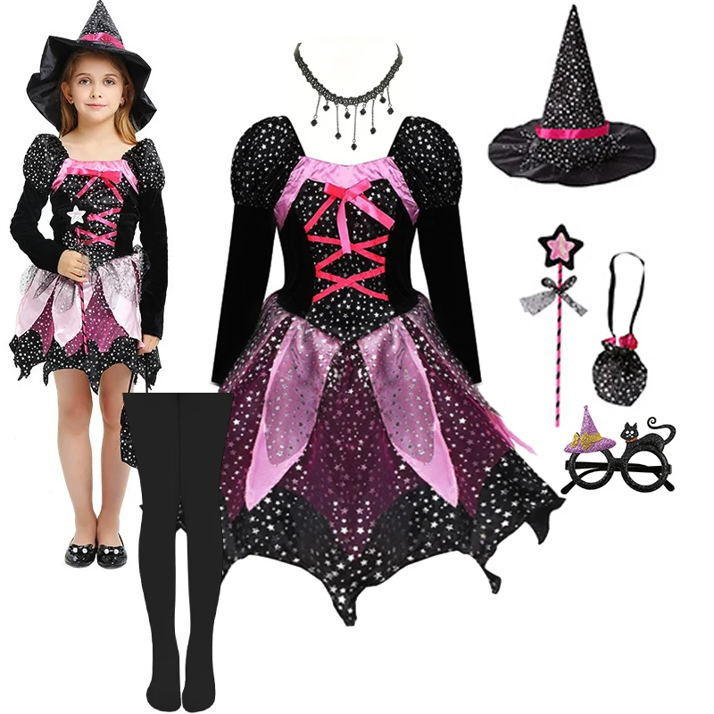 Hexenkostüm für Mädchen, Halloween-Komplettset, schwarz-rosa Stern-Tüllkleid, Hut, Halskette, Zauberstab, Socken, Festtagsparty-Kostüm