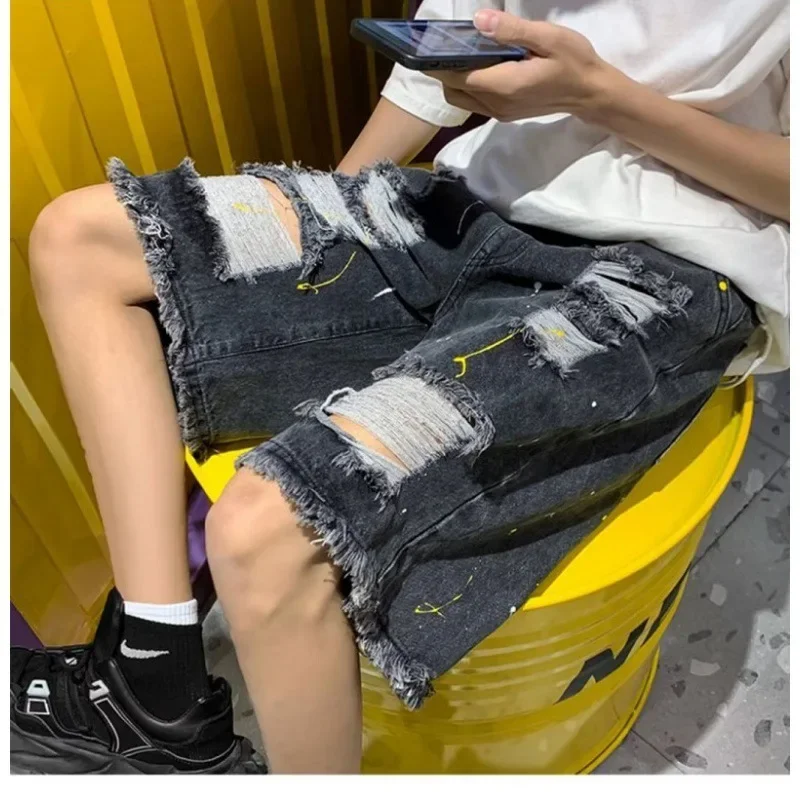 

Мужские летние рваные джинсовые шорты, американский модный уличный стиль, тонкие свободные брюки, чувственные брюки пять четвертей