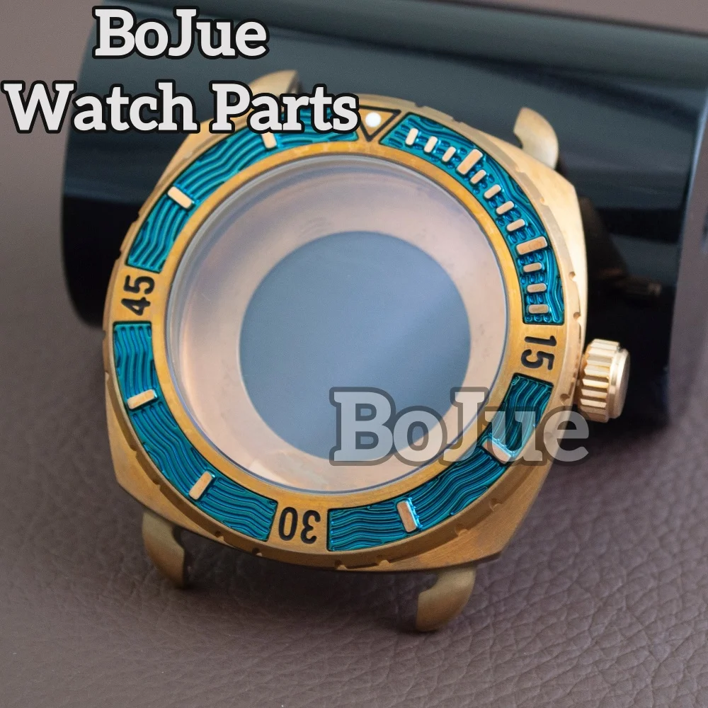 

44MM Brushed Brass Bronze Watch Case Sapphire Crystal Fit NH34 NH35 NH36 ETA2824 PT5000 Automatic Men Case Genuine Leather Strap