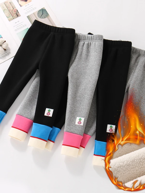 

Детские зимние утепленные брюки с мультяшным принтом, модные повседневные леггинсы, базовый слой, комплект для девочек в корейском стиле