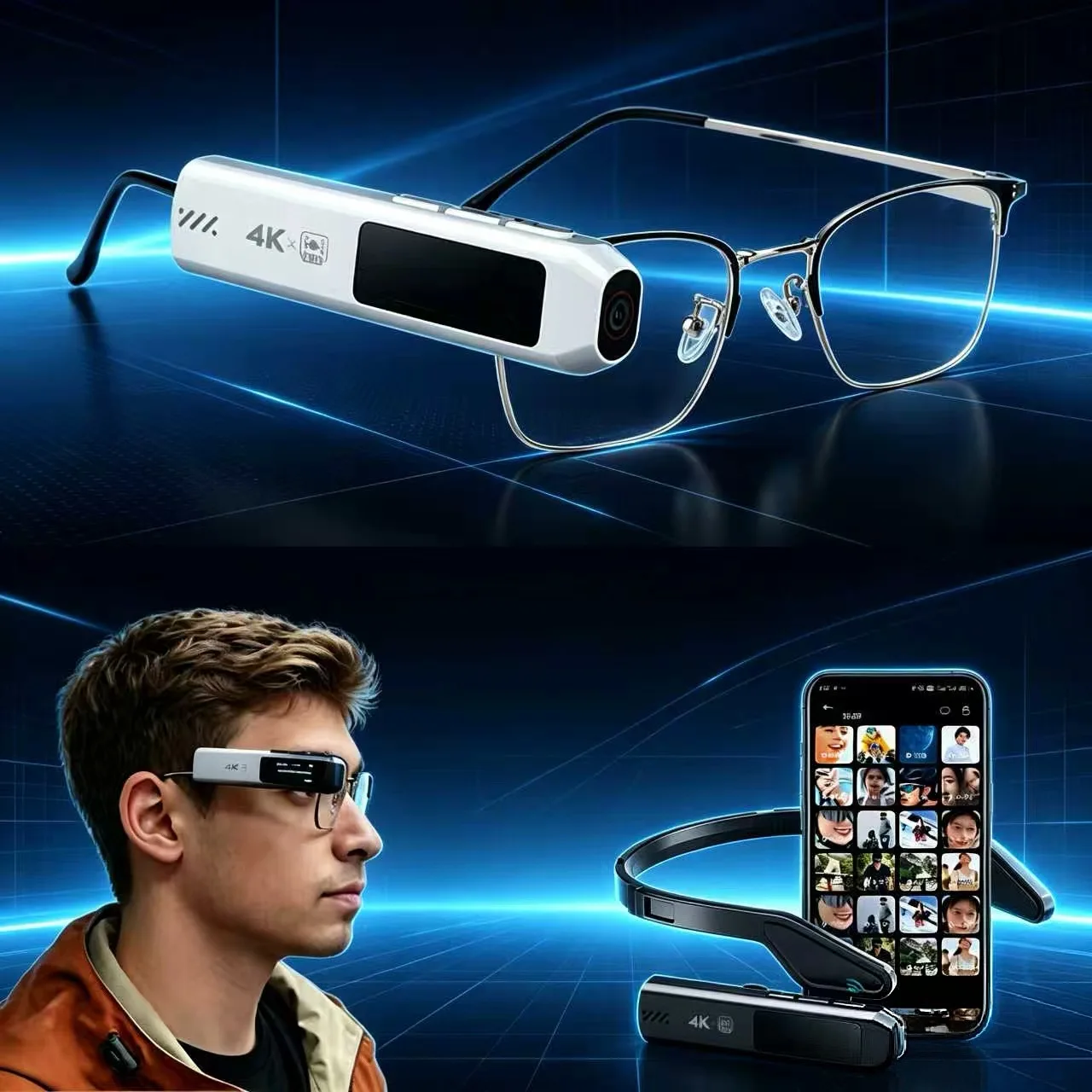 4K Eyeglass Camera WiFi Real-time Transfer HD Recorder Hands-free Vlog Cycling Trip Fits Normal Frames Wireless Mobile Preview