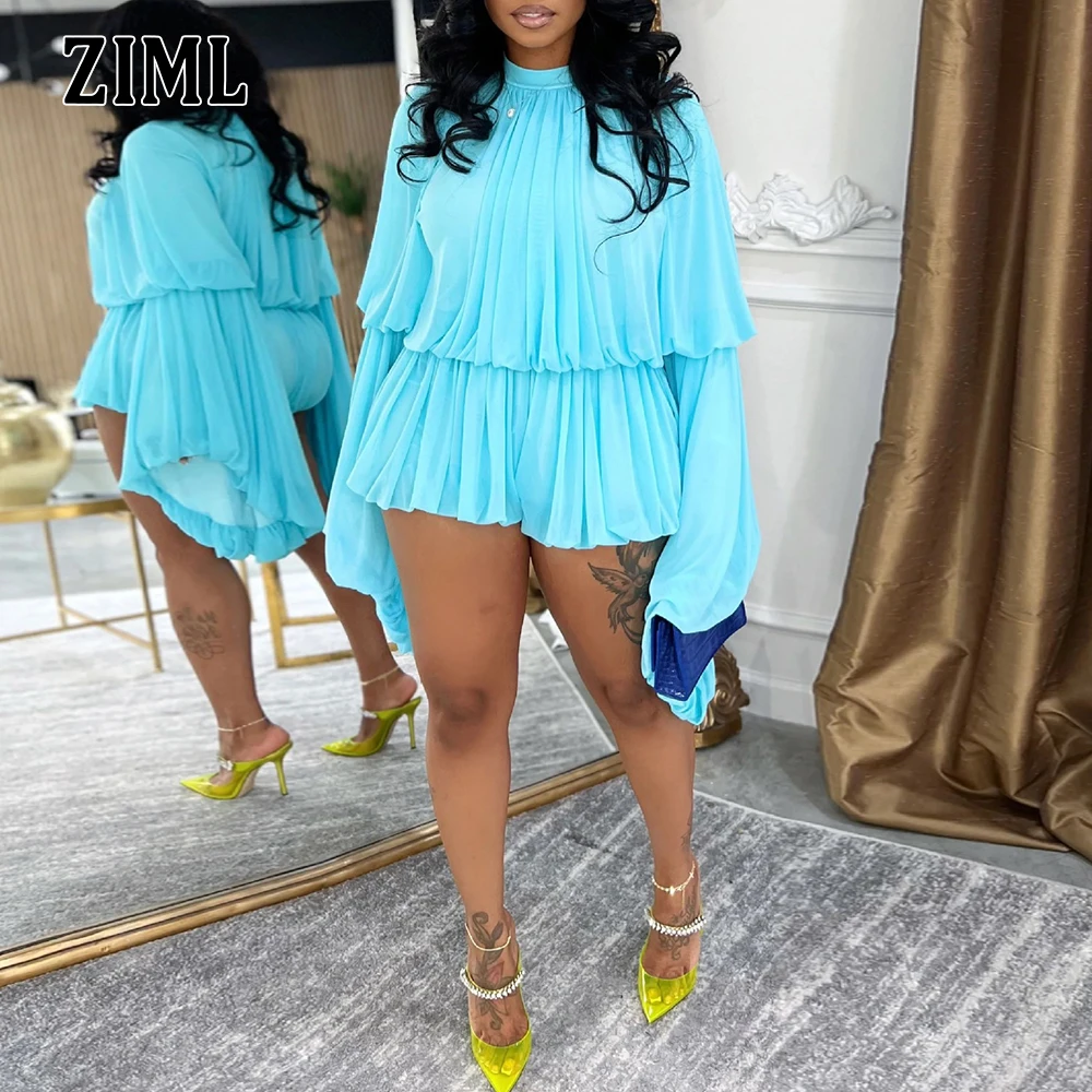 

ZIML Solid Folds Two Piece Sets for Women Stand Collar Long Sleeve Tops High Waist Short Shorts Minimalist Set Female Fashion