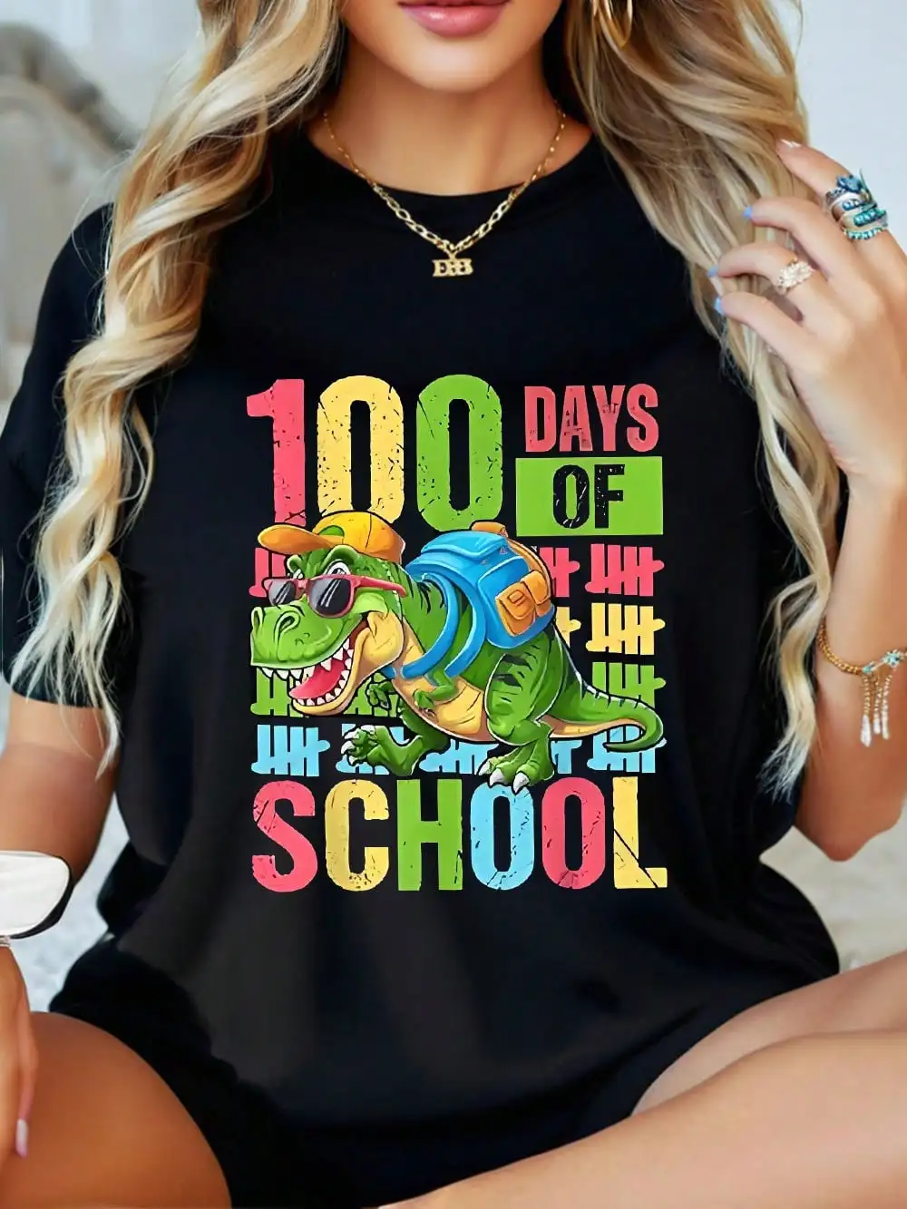 

100 Days Of School Dinosaur Print T-Shirt Stylish Crew Neck Women's Casual Round Neck Short Sleeve For Women