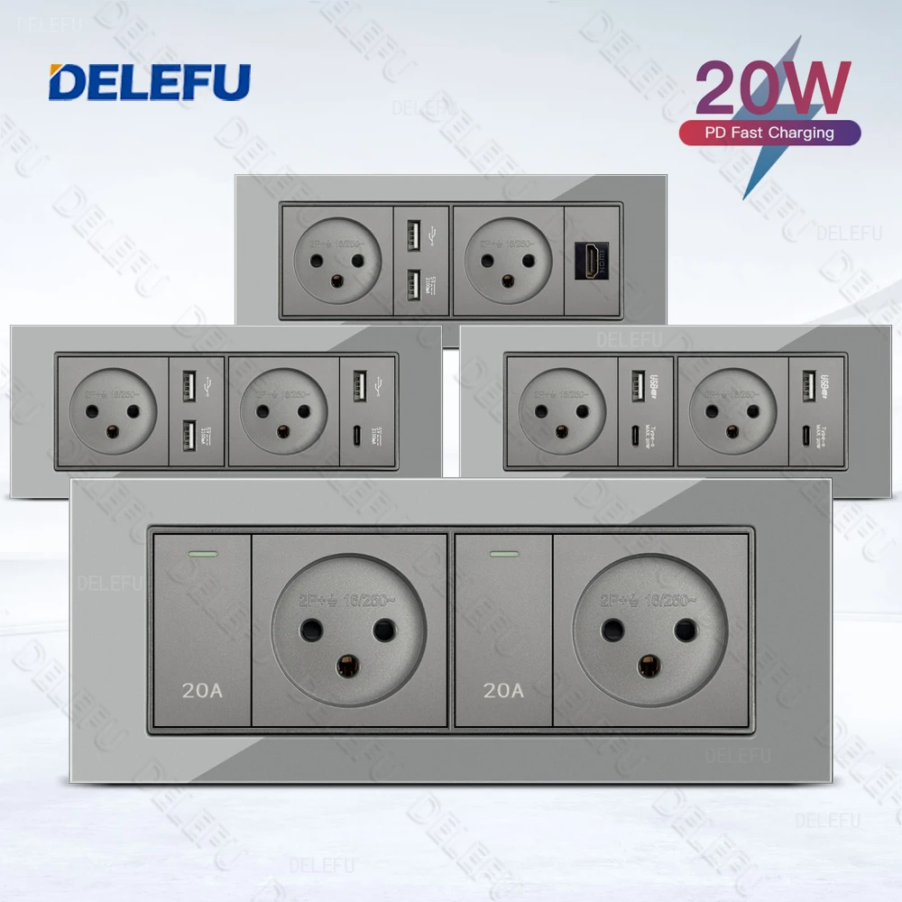 

DELEFU Glass SC70 Panel 195mm Grey Israeli Standard USB C-type Fast Charging Wall Socket Switch TV Phone CAT5 CAT6