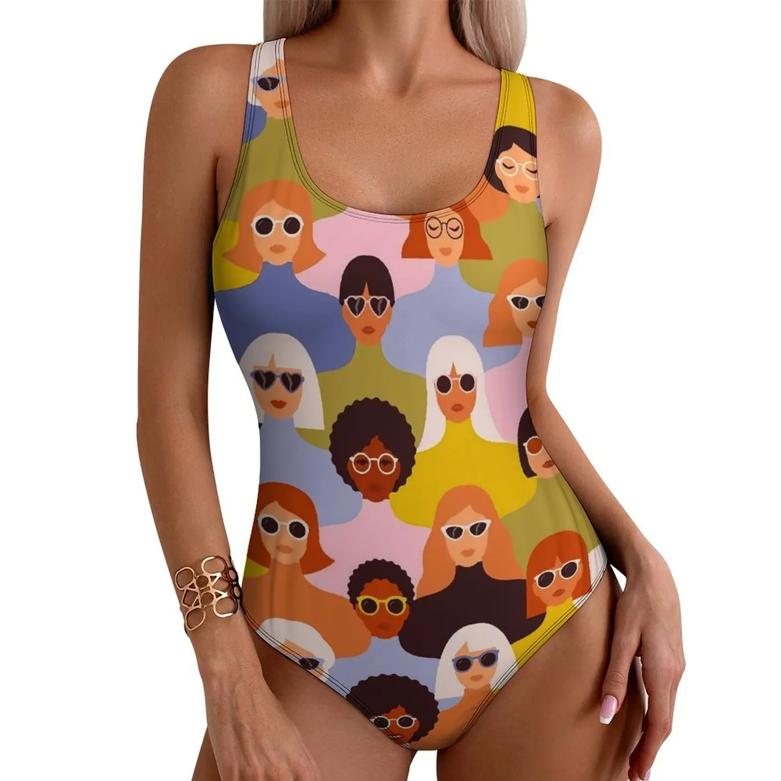 Character Swimsuit Diverse Faces Swimwear One-Piece Holiday Rave Design Bodysuit High Cut Bathing Suit Women Push Up Beachwear
