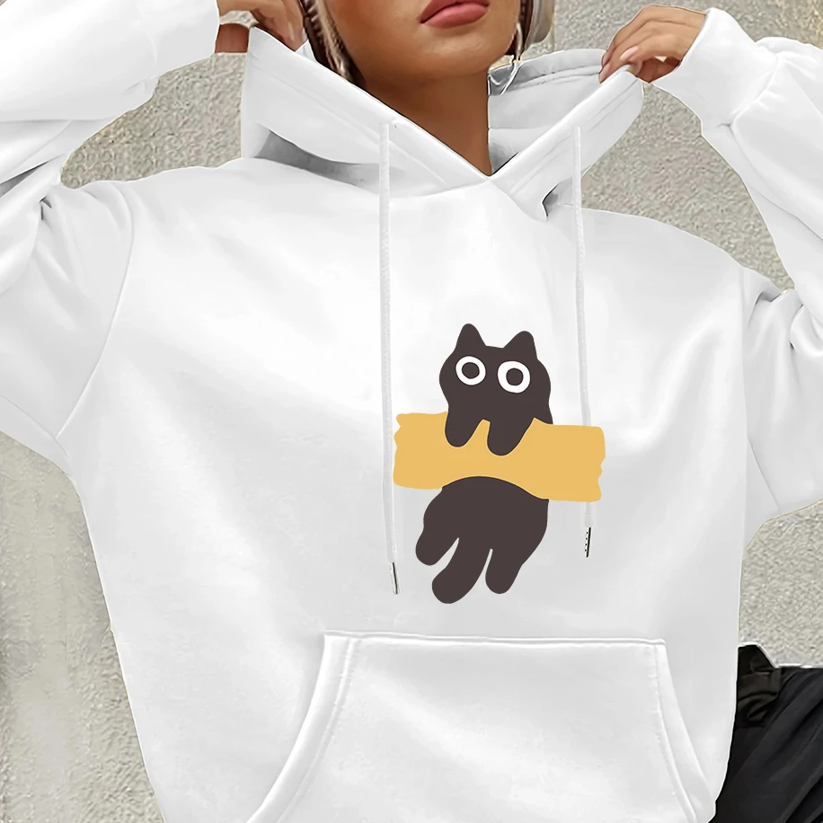 

Tape Cat Print Japanese Style Men Women Hoodies Loose Casual Comfortable Couple Sweatshirt Street Fashion Harajuku Unisex Tee