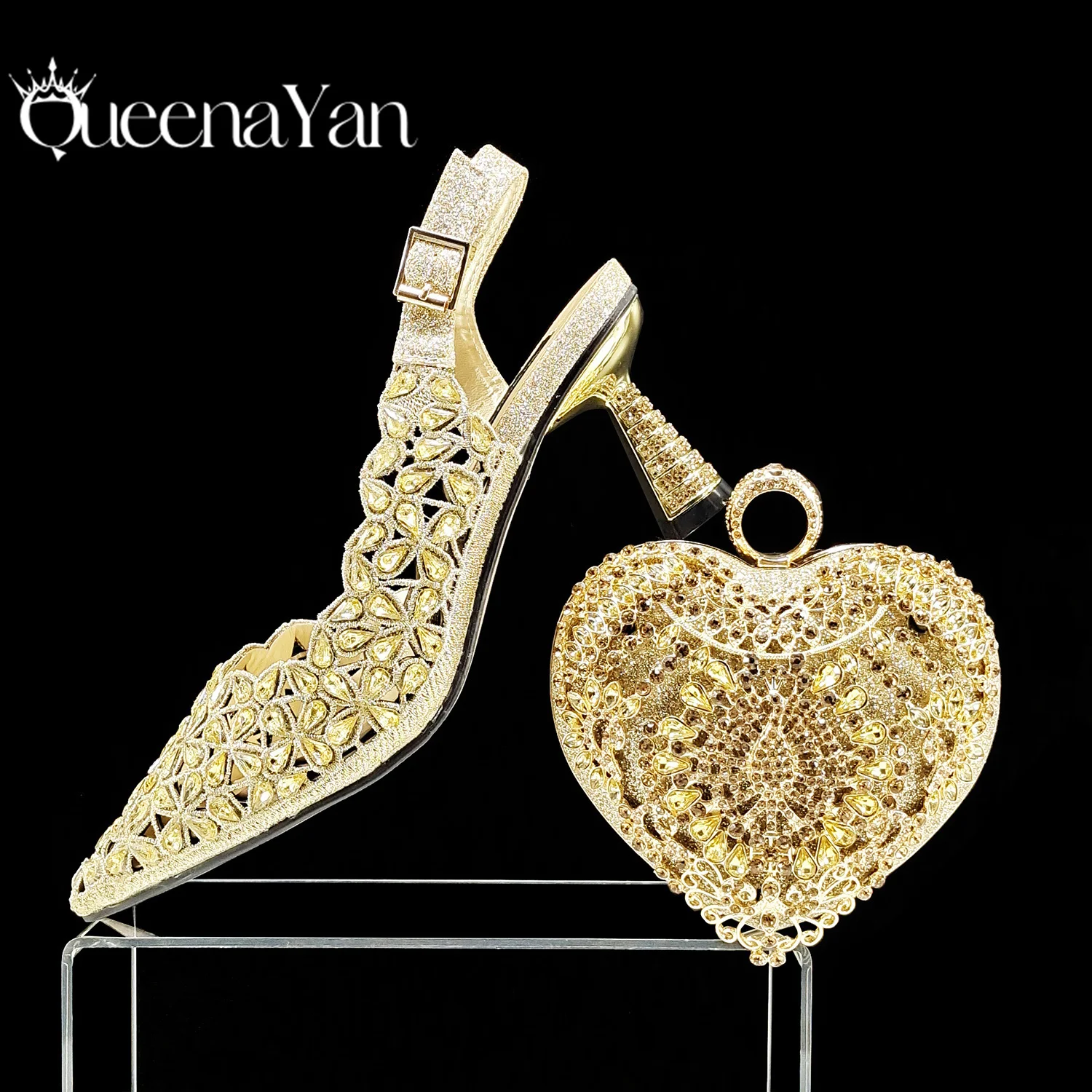 QSGFC Italian Design Rhinestone-encrusted Sex Ladies Shoes And Special Bag High Heels And Heart Shape Gold Mini Bag