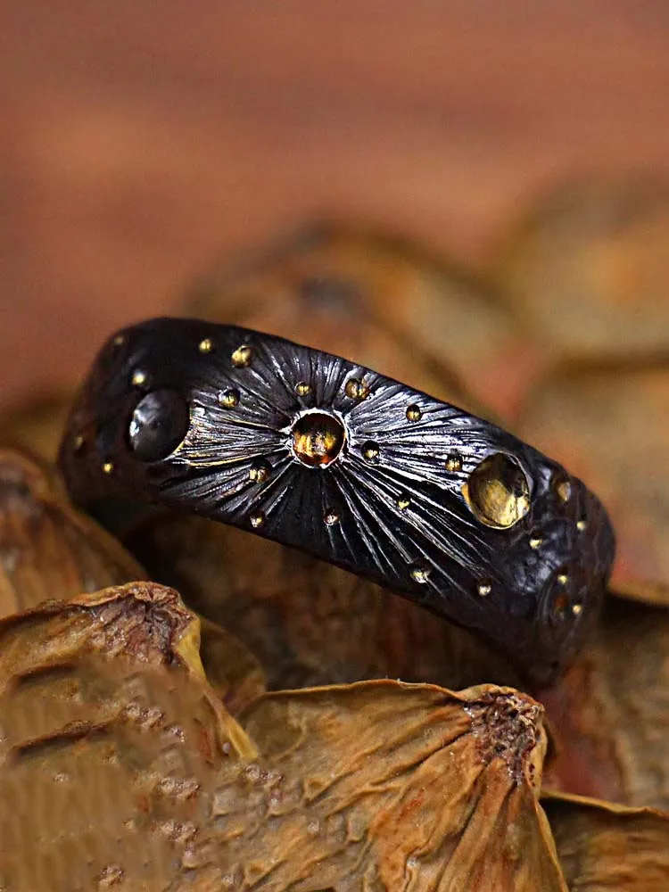 1 Piece Titanium Alloy Hand Engraved Starry Night Ring