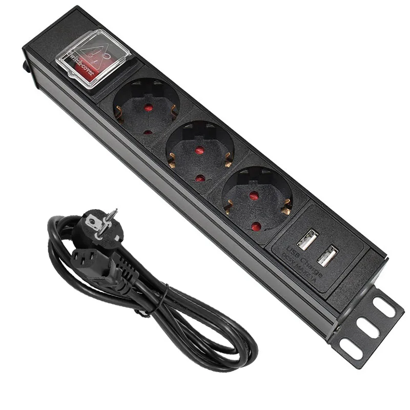 3 Ways PDU Power Strip EU Socket  with IEC-C14 Port  extend with Circuit Breaker Switche USB Wireless or 2-meter extension cable