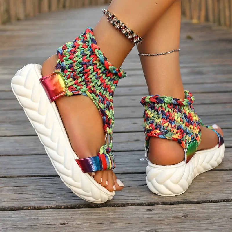 المرأة أزياء جولة رئيس محبوك غطاء القدم لينة وحيد المضادة للانزلاق مقاومة للاهتراء حذاء مسطح الصيف صنادل أرضية