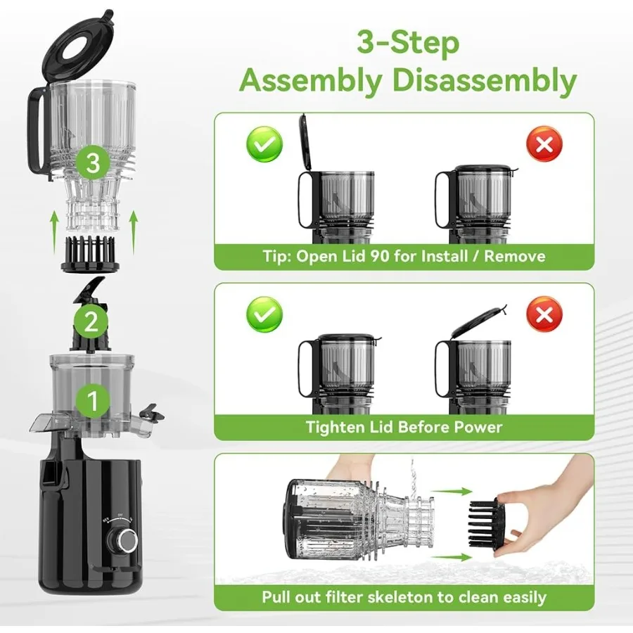 5.3인치 대형 투입구를 갖춘 콜드 프레스 착즙기, 전체 채소 및 과일용, 99% 높은 주스 생산율, 초저소음 작동