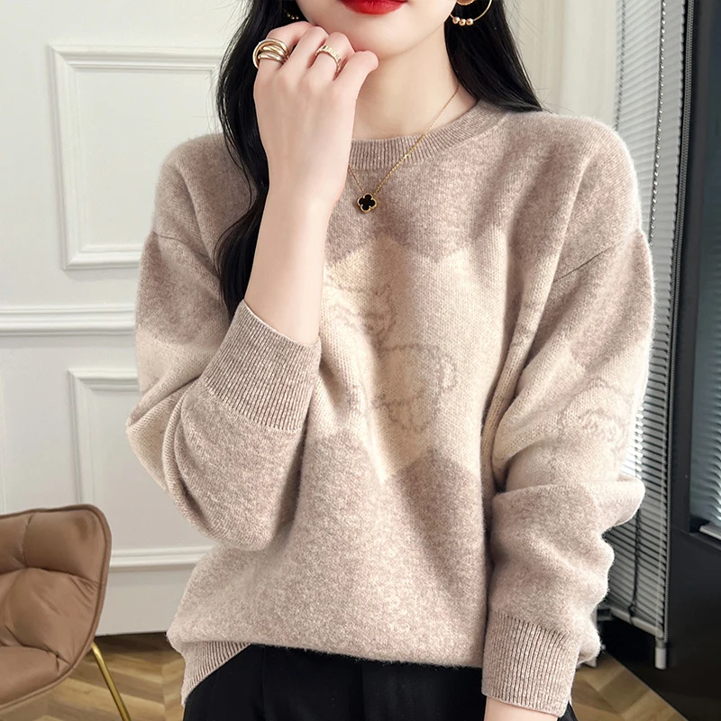 Autumn Winter Women O-Neck Sweater 100% Merino Wool Pullover Basic Shirt Animal patterns Cashmere Knitwear Female Clothing Tops