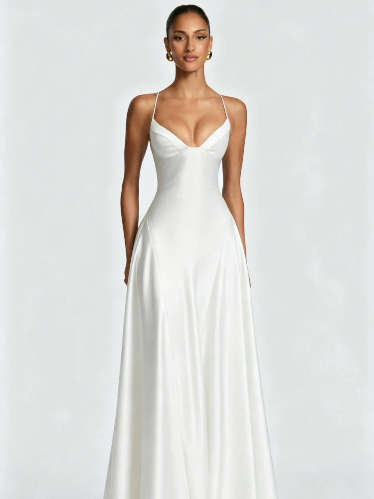 Chaxiaoa Satin Spaghetti Strap Sexy Maxi Dress Women Elegant Deep V Neck Sleeveless Backless Pleated Evening Club Party Dresses