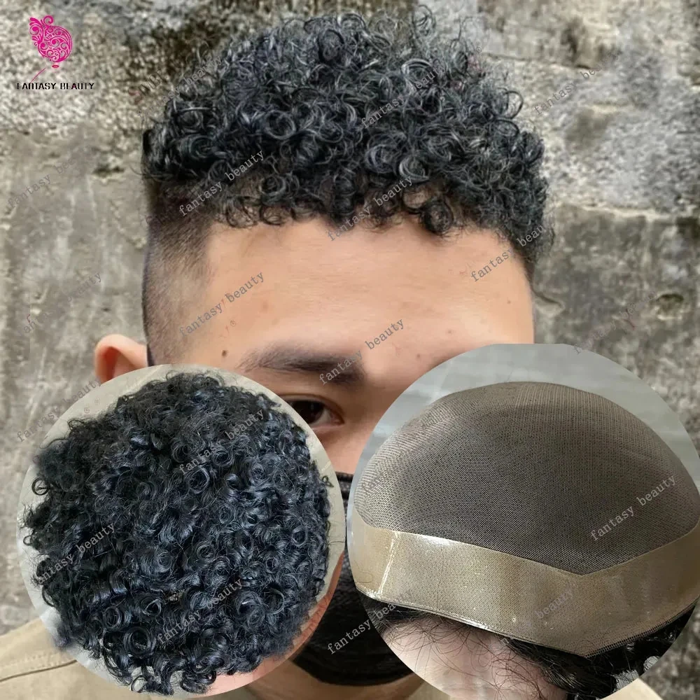 

Undetectable European Black Human Hair 12mm Curly Men Toupee Prosthesis Capillar Super Durable Fine Mono Lace Natural Frontline