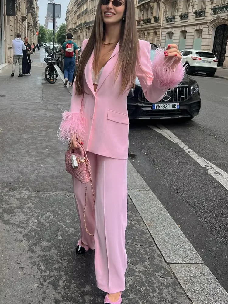 HH – ensemble rose à col rabattu pour femmes, manches longues, Blazer en plumes à simple boutonnage + pantalon Long taille haute avec poches et fermeture éclair
