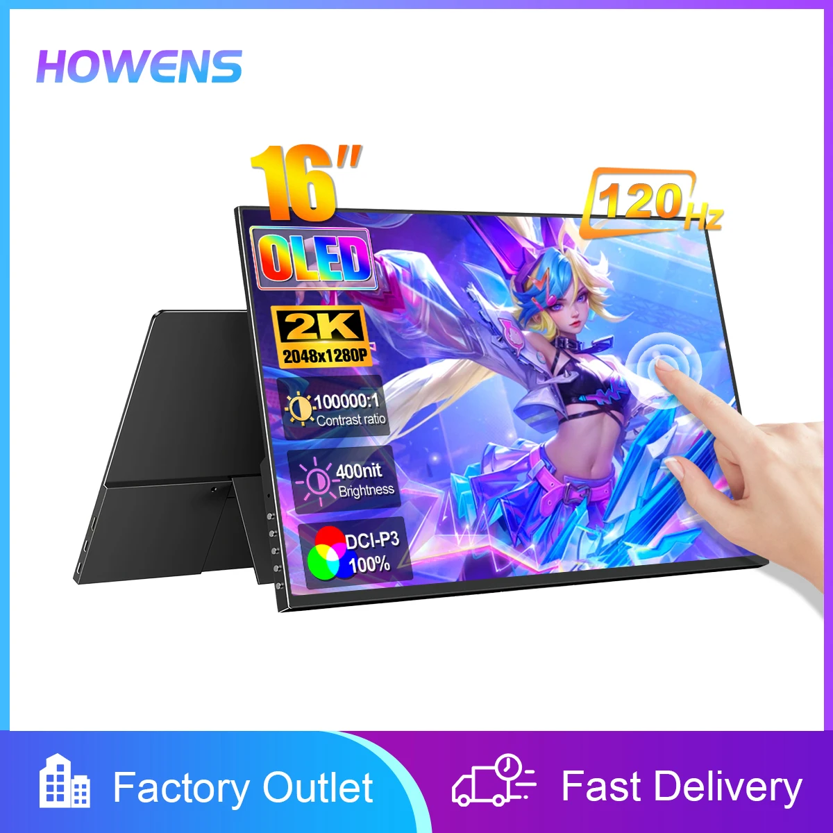 16-inch OLED Touch Screen 120Hz Gaming Monitor Portable 2K 1MS Eye Care Display USB C HDMI For Laptop Mac Phone Mini PC PS5 VESA