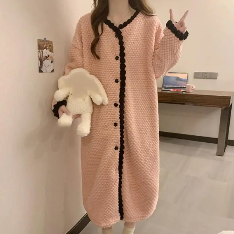 

Women's Coral Fleece Nightgown V-Neck Long Sleeve Loose Fit Winter Warm Sleepwear Cozy Long Nightdress Homewear Loungewear