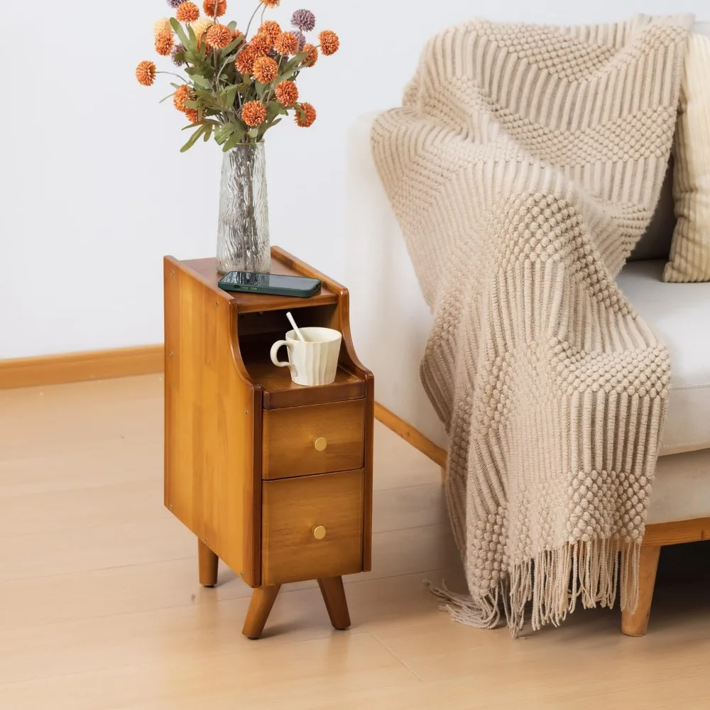 منضدة من الخشب الصلب بدرجين مع رف تخزين، طاولة بجانب السرير ضيقة صغيرة من خشب الجوز، عريضة 7.87 لغرفة النوم