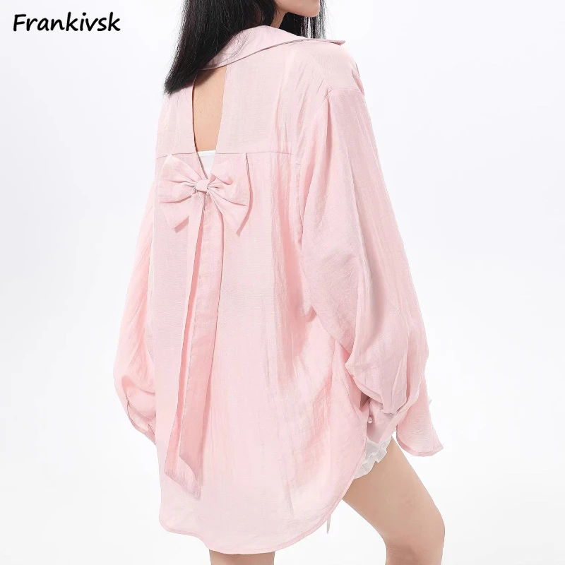 Women Shirts Single Breasted Bow Backless Sweet Girls Summer Designer Sun-proof Loose Long Sleeve Aesthetic Comfortable Korean