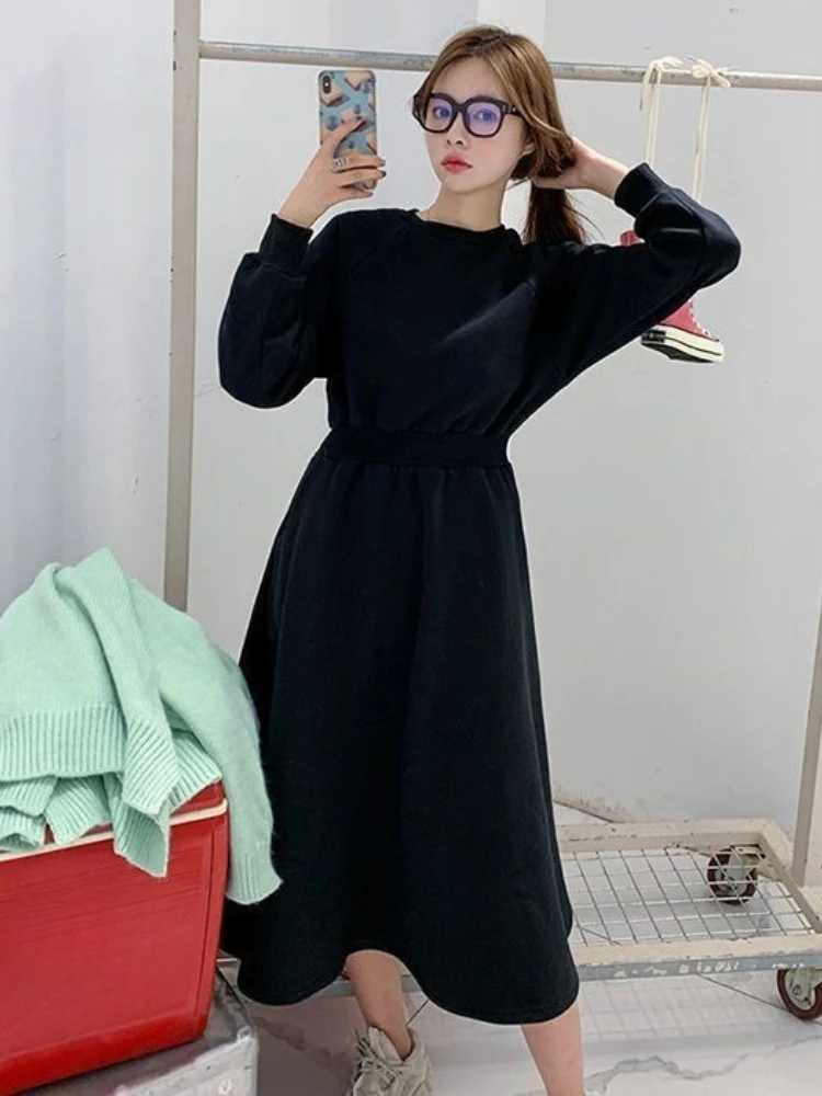 Women Elegant Sweatshirt Dress 2026 Spring Fall Long Sleeve Slim Fit Waist Cinched Flare