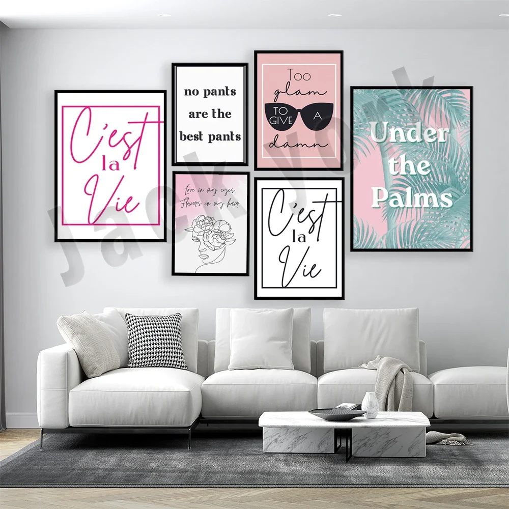 C'est la vie, quotes in french, palm trees, song lyrical prints line drawing, ornate living motto mantra aesthetic poster
