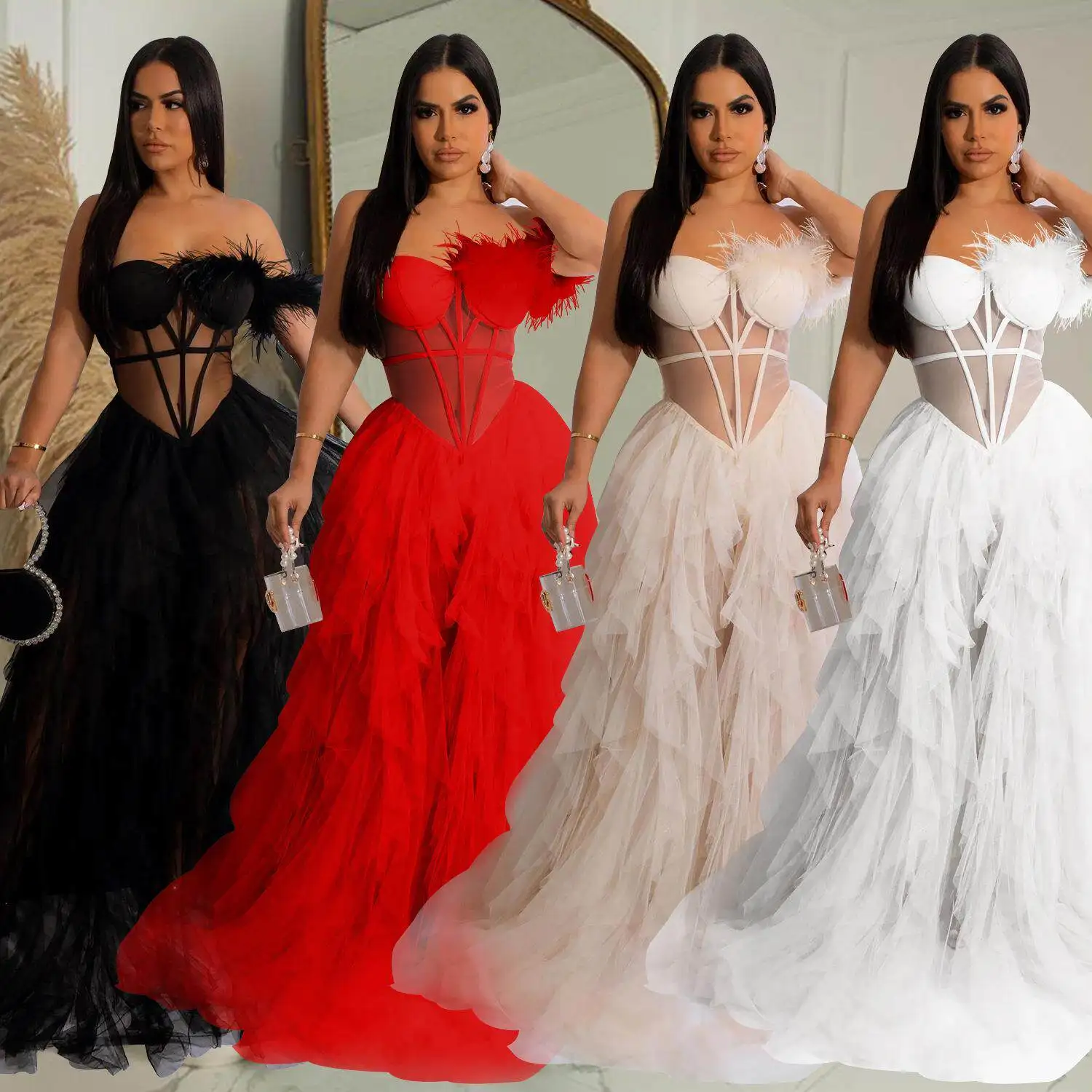 

Fashionable Pure Color Sleeveless Wrap Chest Mesh Long Dress Women's Dress X6223 Cross-Border Style Autumn Season China Made