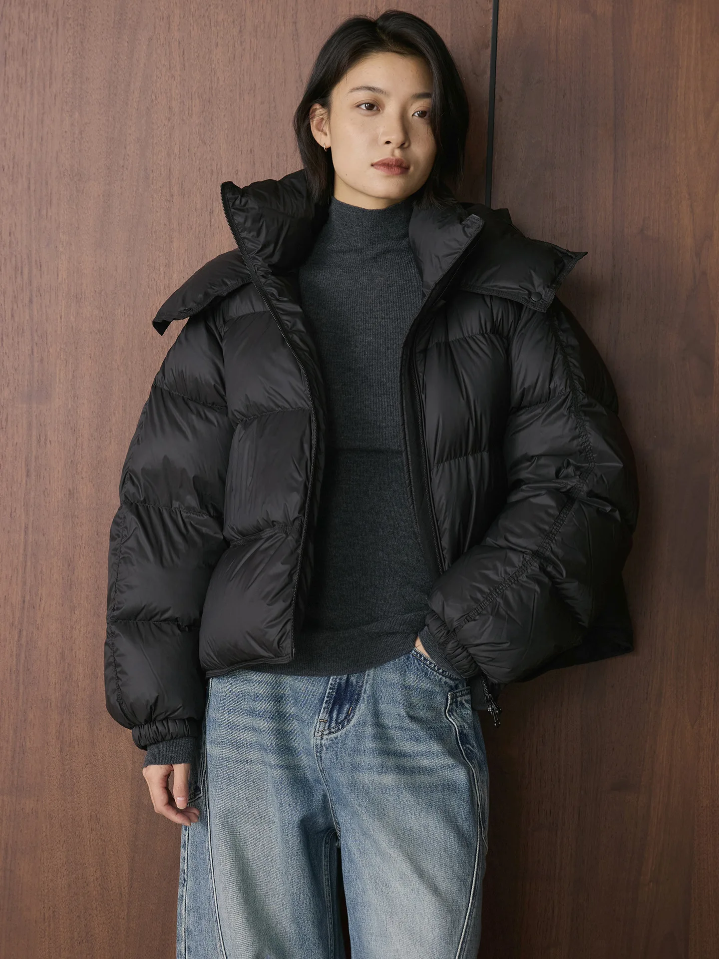 

Winter new Korean style fashionable short hooded white duck down down jacket with drawstring hem for women's warm jacket