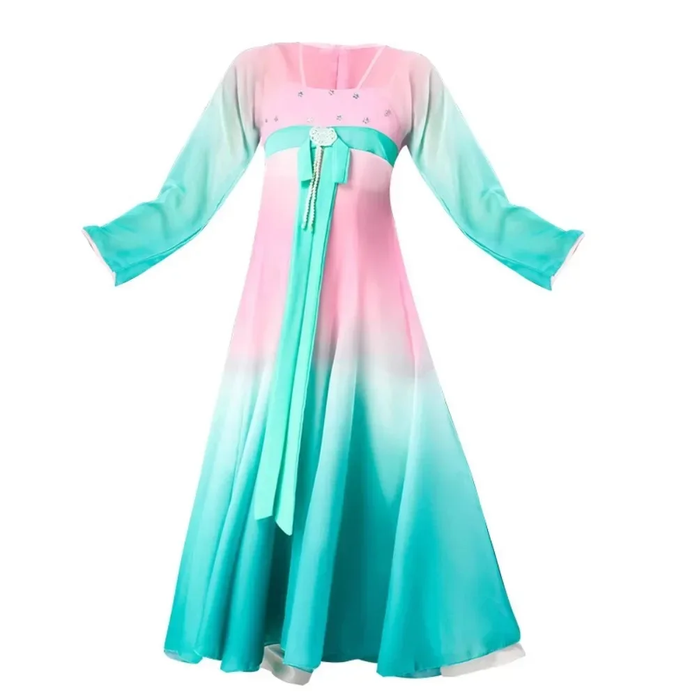 Chiński strój Hanfu nowy dziecięcy klasyczny kostium sceniczny taniec z parasolem etniczne dziewczynki Yangko odzież taniec z wachlarzem