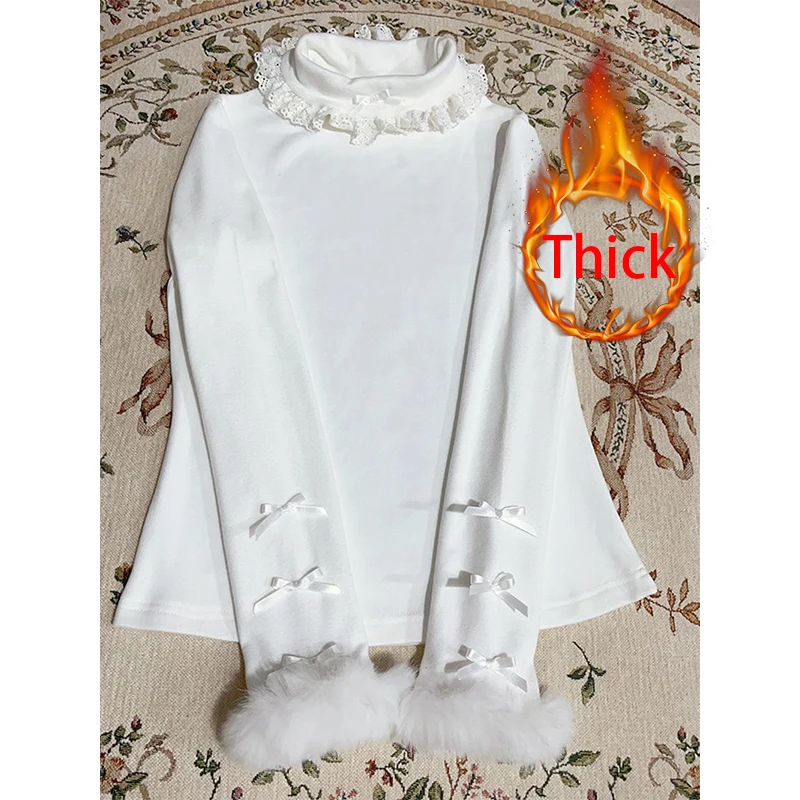 

Флисовая футболка Kawaii с бантом, женские кружевные лоскутные топы из искусственного меха в японском стиле в стиле Лолиты, зимние футболки с длинными рукавами Y2K Cutecore, новые