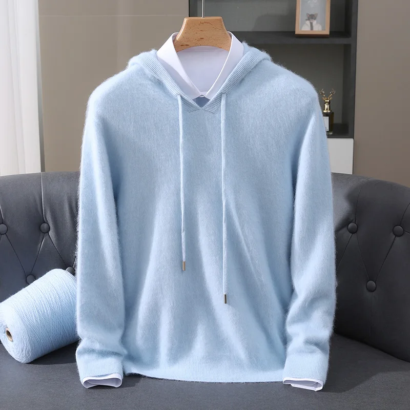 2025 Autumn Winter Hooded Collar Mink Cashmere Knitted Sweater Men's Drawstring Pullover High-End Thick Casual Sweater Loose Fit