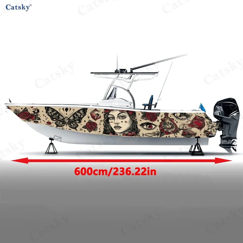 Retro Beauty Butterfly Eye Red Rose Boat Body Sticker PVC Material Boat Decoration Sticker Unique Water Sports Boat Decoration