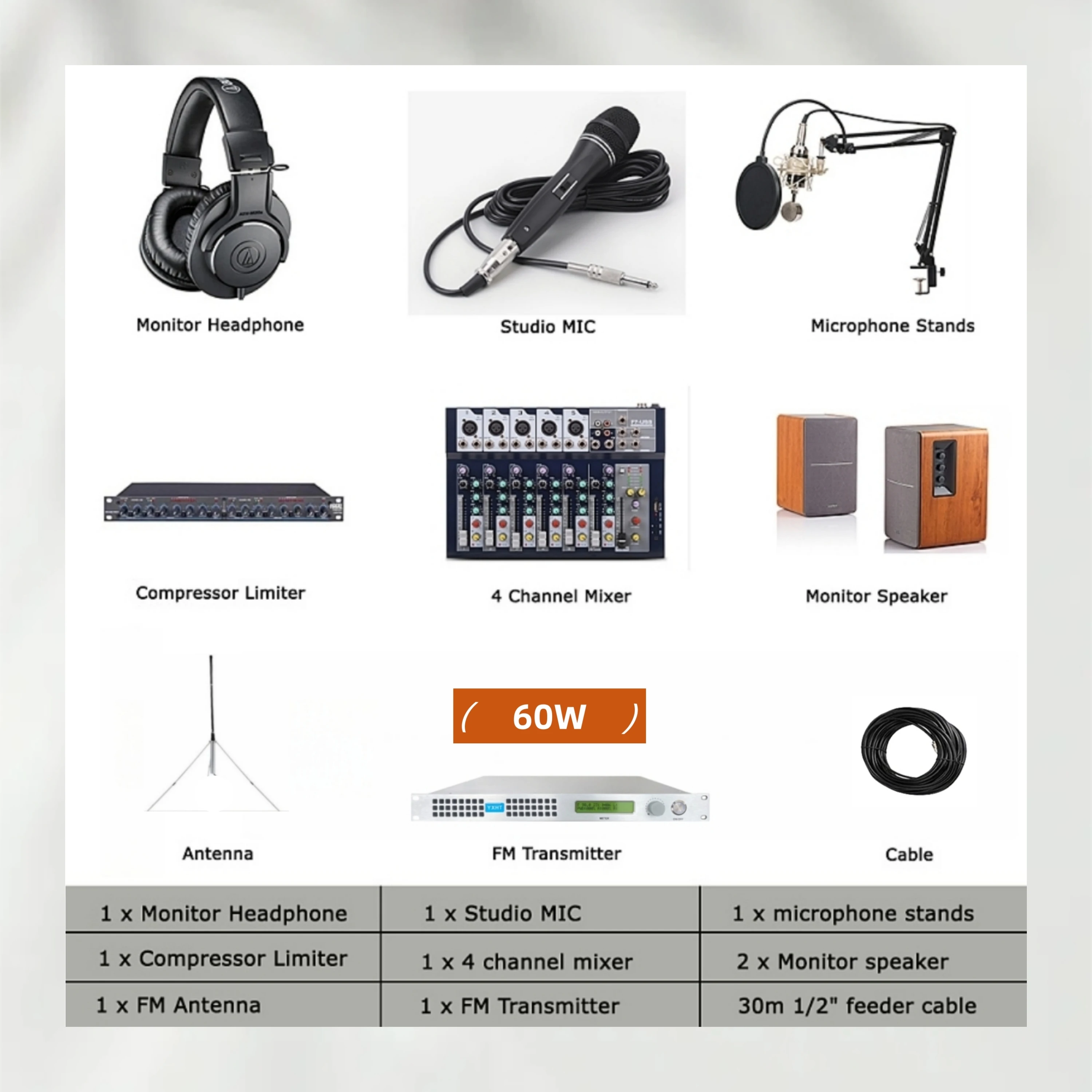 

YXHT 60W FM Radio Transmitter – Radio Station Equipment with Full Studio Material (Campus & Small Radio)