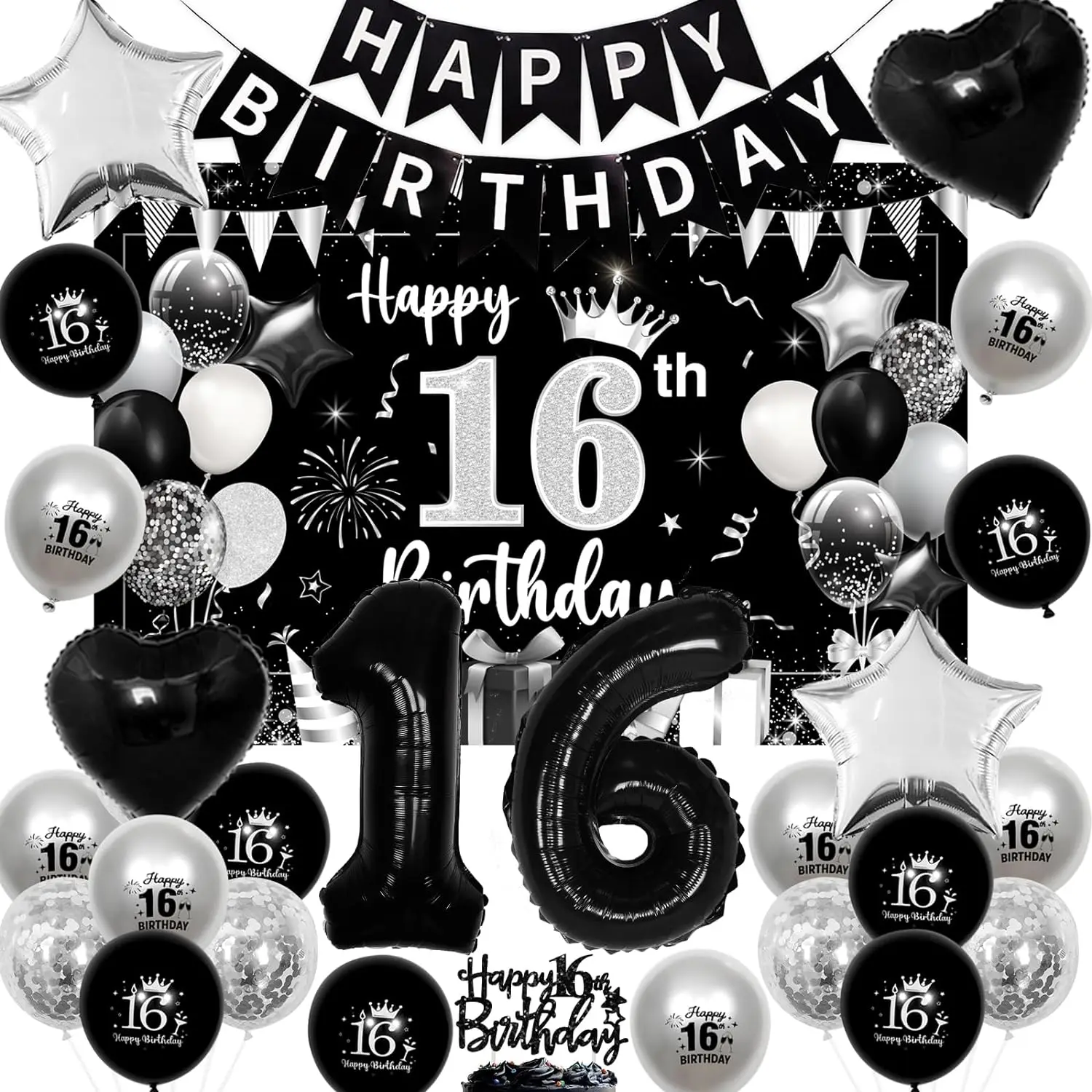 

16th 18th Birthday Decor Backdrop Happy Birthday Banner Cake Topper 16 Foil Balloons for Boys Girls 16 Year Old Birthday Decor