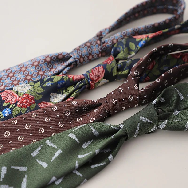 2024 New Design Green Brown Neckties 8cm Men Polyester Flower Neck Tie Young College Student Daily Wear Shirt Accessories Cravat