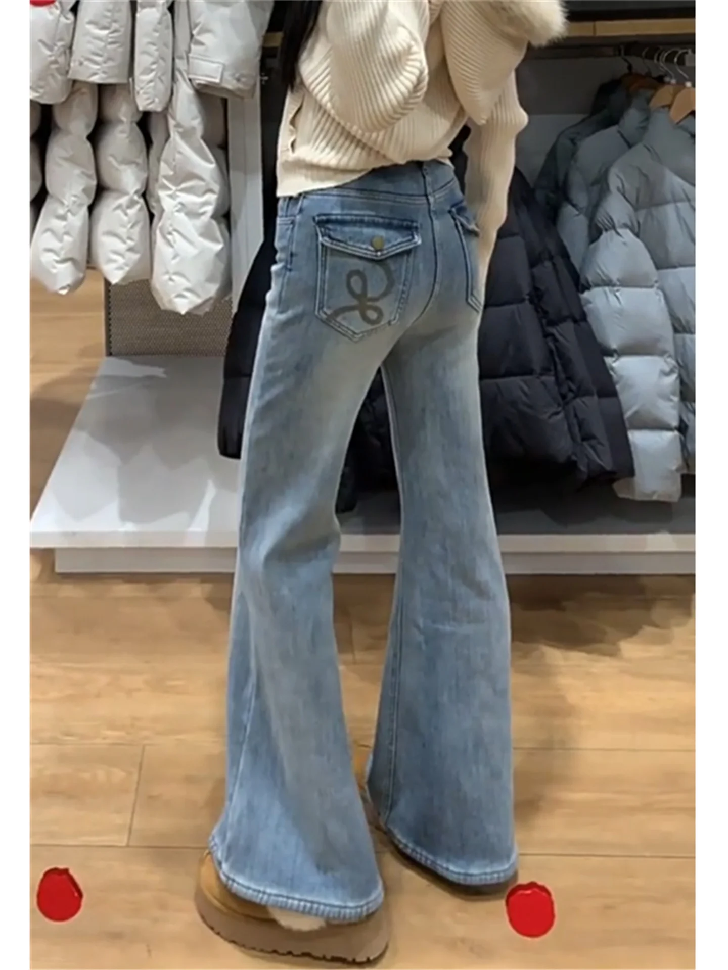 

Ретро-джинсы-клеш с высокой талией в американском стиле для женщин, весна-осень, облегающие, эластичные, с вышивкой, универсальные, удлиненные