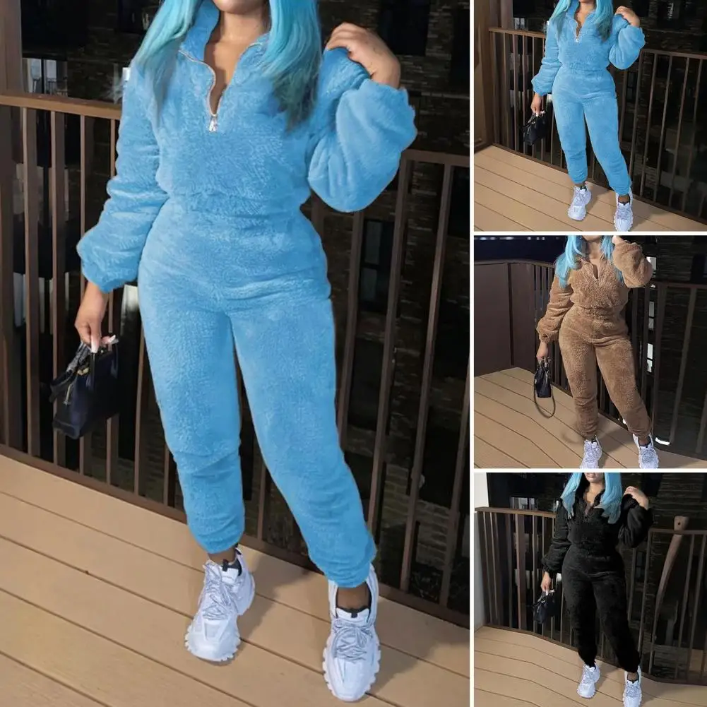 

Casual Daily Commuting Style Suit Women's Cozy Plush Lounge Set with Stand Collar Top Elastic Waist Pants for Sport for Fall