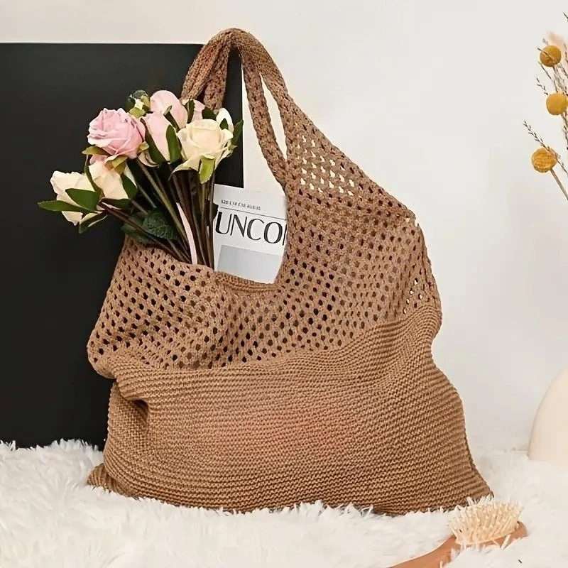 Solid Color Hollow Out Knit Shoulder Tote Bag, Vintage Stylish Women Hollow Knit Woven Shoulder, Great for Summer Travel & Beach