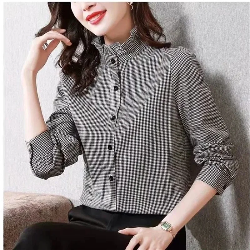 

Высококачественные женские свободные клетчатые топы, летние женские новые кардиганы с длинными рукавами, блузка 2025 г., женские модные тонкие рубашки с воротником-стойкой