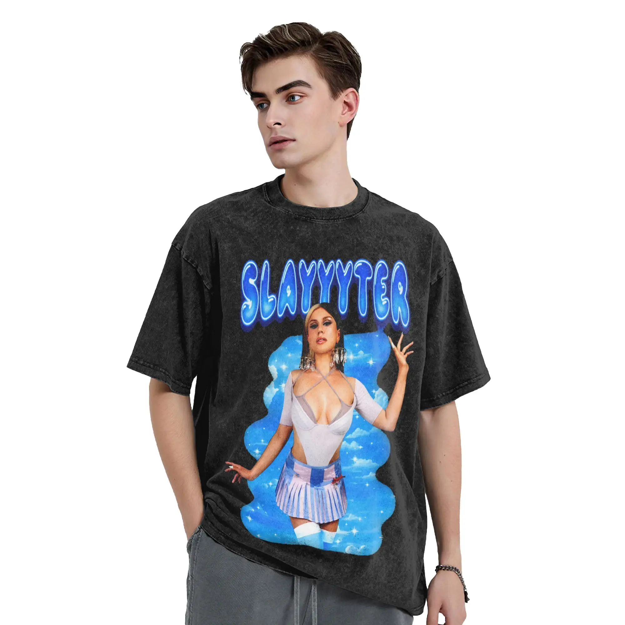 Washed T Shirts Slayyyter Singer Glow Style Hyperpop singer Retro T-Shirt Oversize  Streetwear Short Sleeve Printed Tops Tees
