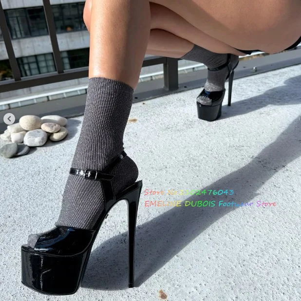 

Black Patent Leather Super High Heel Sandals Women Platform Open Toe Stiletto Slingback Buckle Strap Elegant Party Dress Shoes